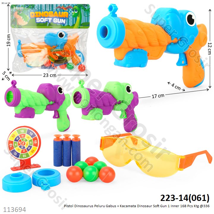 Pistol Dinosaurus Set Kacamata dan Target Peluru Gabus Tempel Kaca dan Bola Ping Pong Dinosaur Soft Gun 1 Inner 168 Pcs Ktg PVC @336
