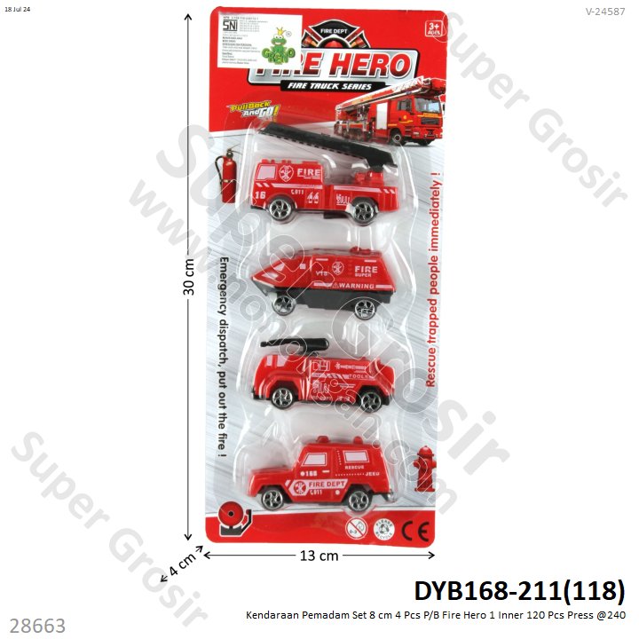 Kendaraan Damkar Set 8 cm 4 Pcs P/B Fire Hero 1 Inner 120 Pcs Press @240