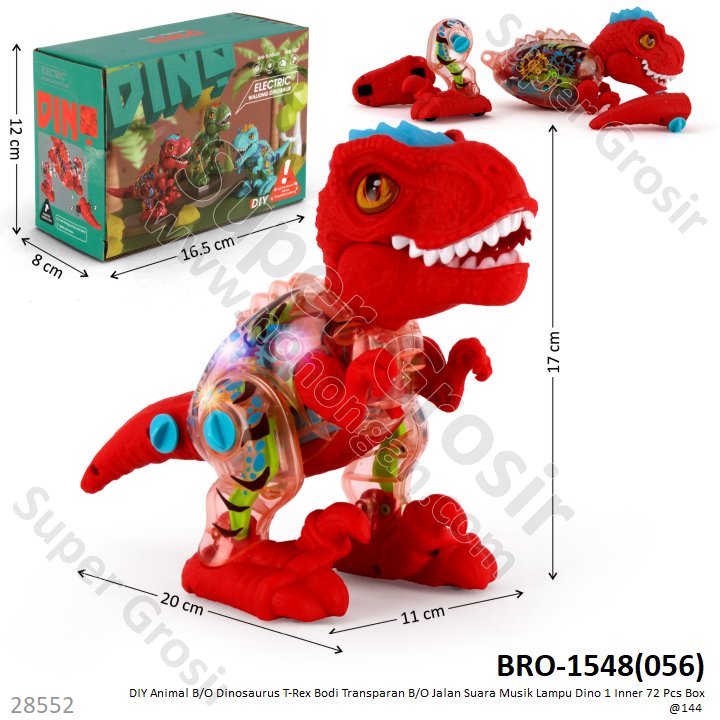 Dinosaurus T-Rex Bodi Transparan B/O DIY Jalan Suara Musik Lampu Dino 1 Inner 72 Pcs Box @144