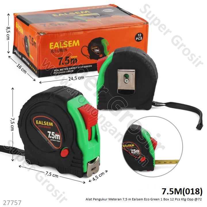 Alat Pengukur Meteran 7,5 m Ealsem Eco Green 1 Box 12 Pcs Loose Pack @72