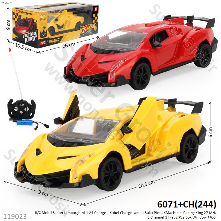 R/C Mobil Sedan Lamborghini 1:24 Charge + Kabel Charge Lampu Buka Pintu XMachines Racing King 27 MHz 5 Channel 1 Ikat 2 Pcs Box Window @60