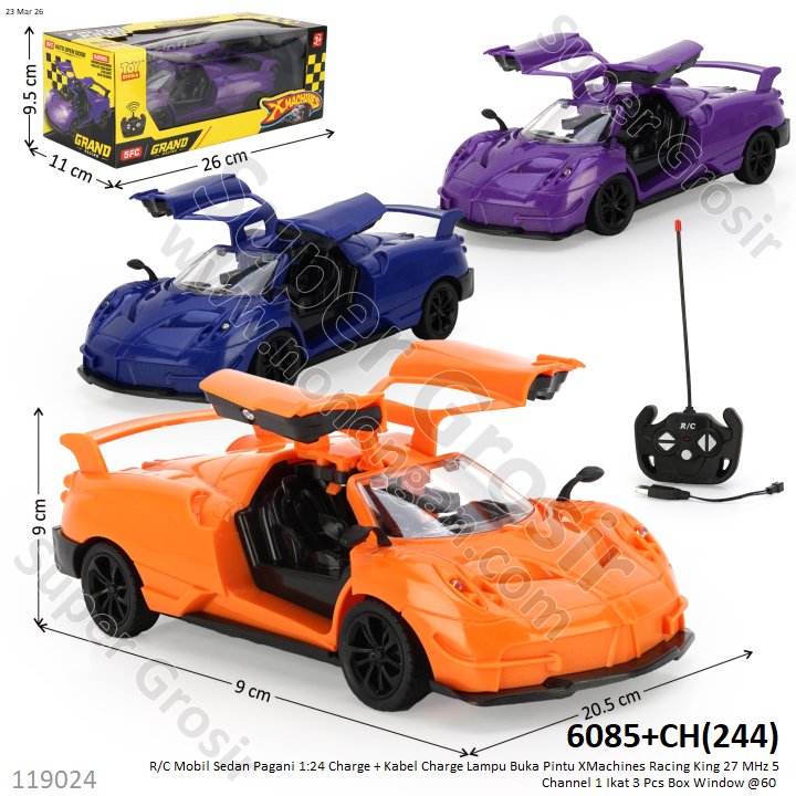 R/C Mobil Sedan Pagani 1:24 Charge + Kabel Charge Lampu Buka Pintu XMachines Racing King 27 MHz 5 Channel 1 Ikat 3 Pcs Box Window @60