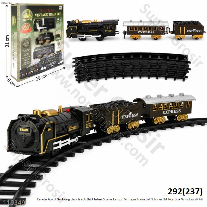 Kereta Api 3 Gerbong dan Track B/O Jalan Suara Lampu Vintage Train Set 1 Inner 24 Pcs Box Window @48