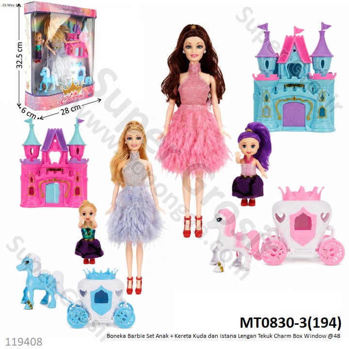 Boneka Barbie Set Anak + Kereta Kuda dan Istana Lengan Tekuk Charm Box Window @48