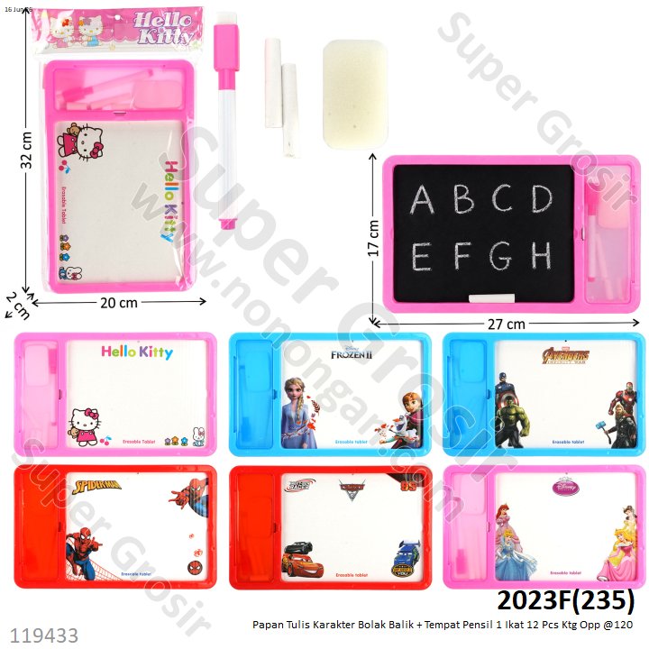 Papan Tulis Karakter Bolak Balik + Tempat Pensil 1 Ikat 12 Pcs Ktg Opp @120