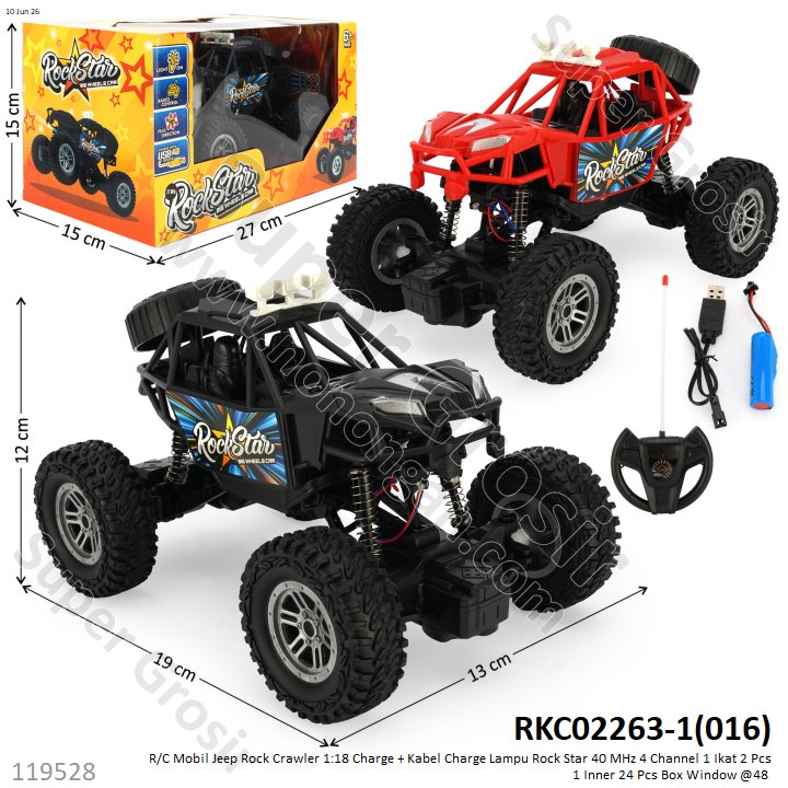 R/C Mobil Jeep Rock Crawler 1:18 Charge + Kabel Charge Lampu Rock Star 40 MHz 4 Channel 1 Ikat 2 Pcs 1 Inner 24 Pcs Box Window @48