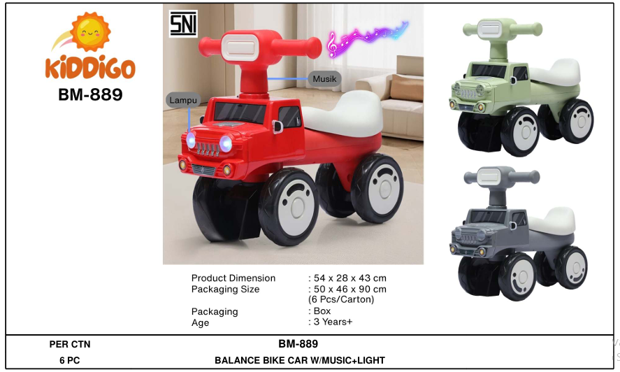 Tunggangan Sepeda Balance Bike Mobil B/O Musik Lampu Kiddigo 1 Inner 1 Pcs Box @6