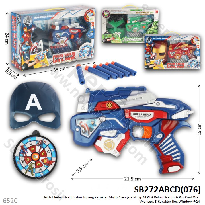 Pistol Peluru Gabus Tempel Kaca Set Topeng dan Target Avengers Civil War &amp; Avengers 3 Karakter Box Window @24